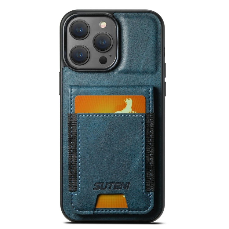 For iPhone 12 Pro Max Suteni H03 Oil Wax Leather Wallet Stand Back Phone Case(Blue)
