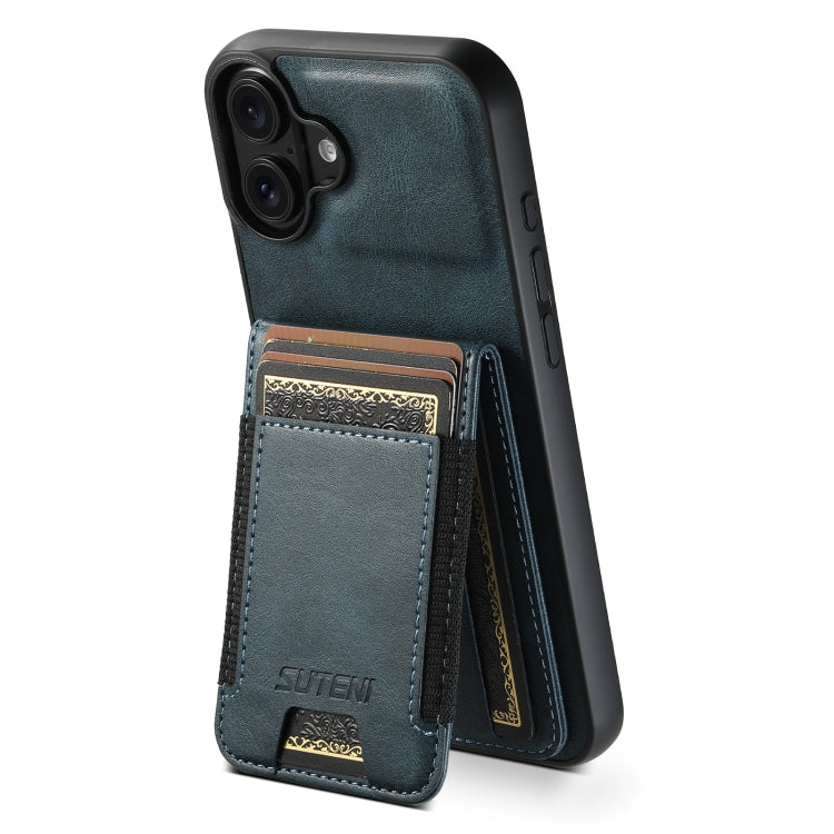 For iPhone 16 Suteni H03 Oil Wax Leather Wallet Stand Back Phone Case(Blue)