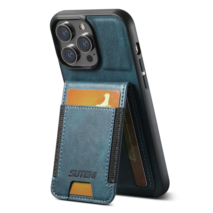 For iPhone 16 Pro Max Suteni H03 Oil Wax Leather Wallet Stand Back Phone Case(Blue)