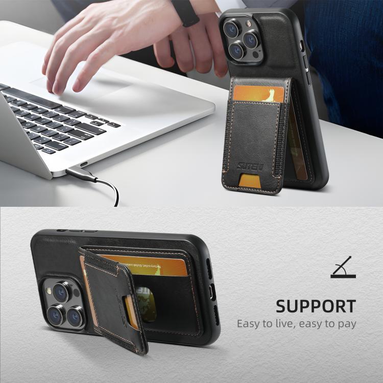 For iPhone 17e / 16e Suteni H03 Oil Wax Leather Wallet Stand Back Phone Case(Black)