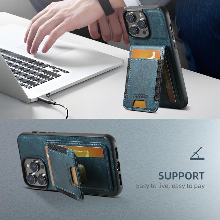 For iPhone 17e / 16e Suteni H03 Oil Wax Leather Wallet Stand Back Phone Case(Blue)