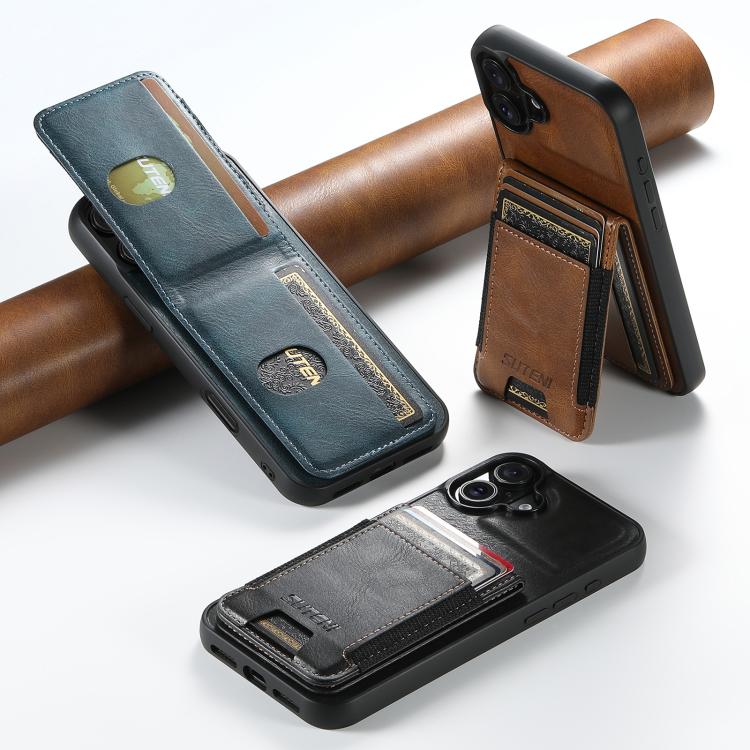 For iPhone 15 Suteni H03 Oil Wax Leather Wallet Stand Back Phone Case(Blue)