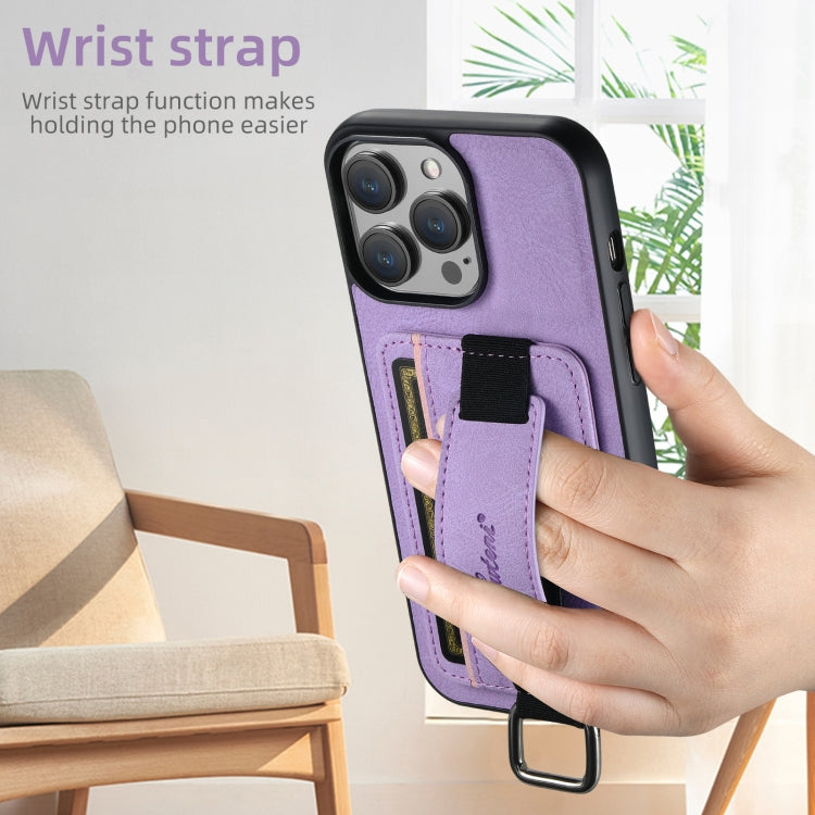 For iPhone 16 Plus Suteni H13 Litchi Leather Wrist Strap Wallet Back Phone Case(Purple)