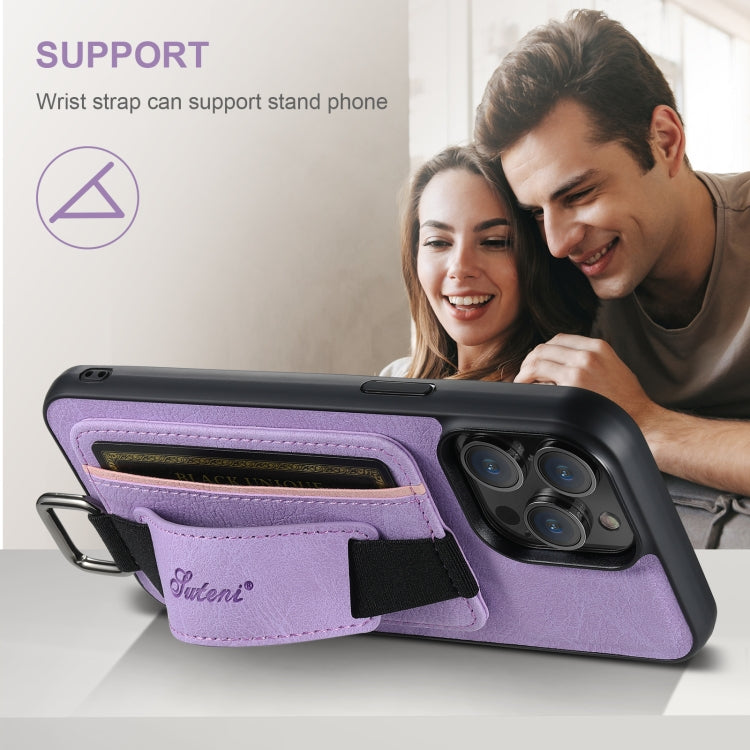 For iPhone 16 Plus Suteni H13 Litchi Leather Wrist Strap Wallet Back Phone Case(Purple)