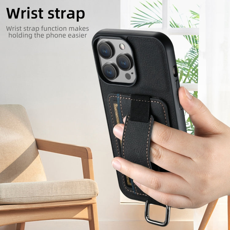 For iPhone 16 Pro Suteni H13 Litchi Leather Wrist Strap Wallet Back Phone Case(Black)