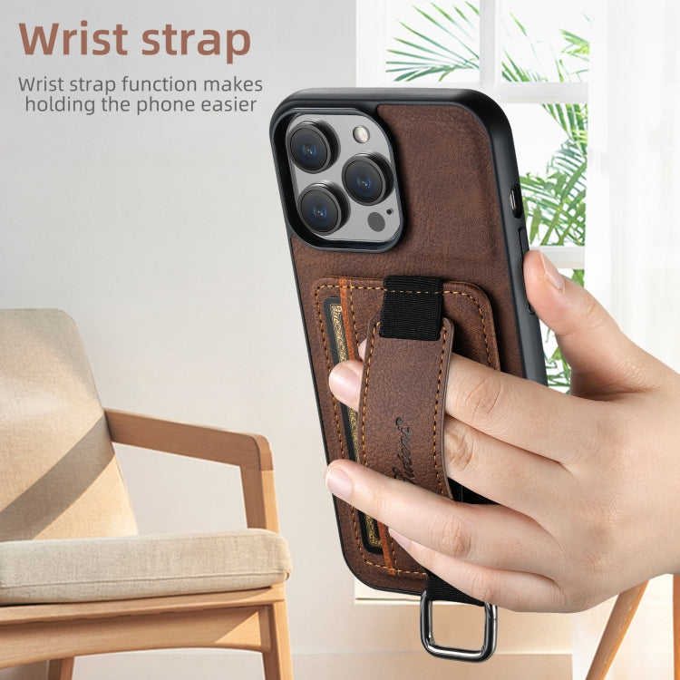 For iPhone 16 Pro Suteni H13 Litchi Leather Wrist Strap Wallet Back Phone Case(Brown)