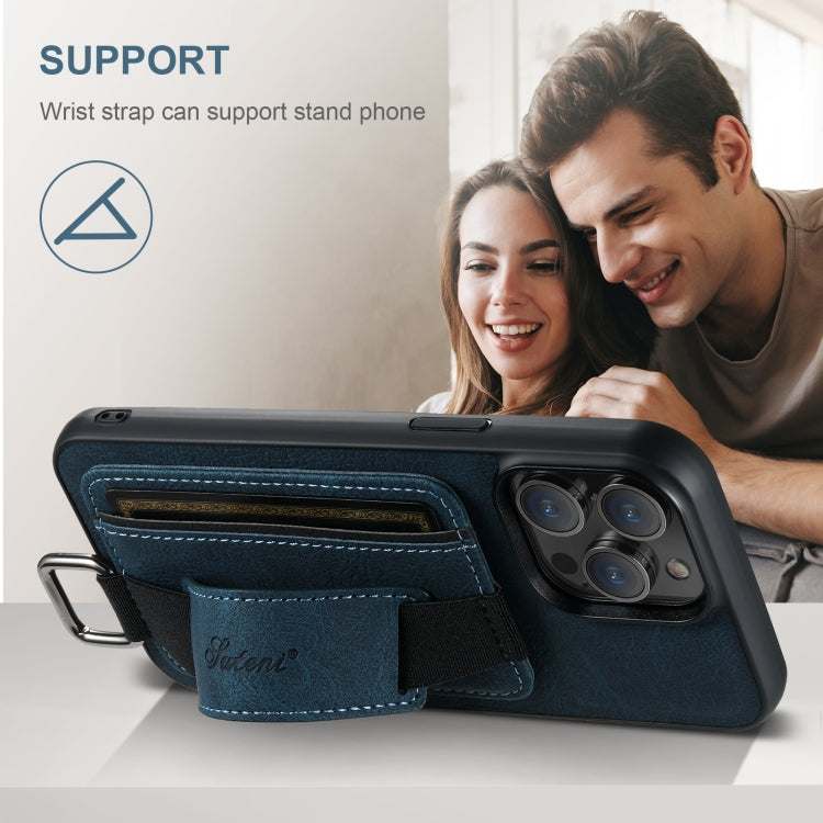 For iPhone 16 Pro Suteni H13 Litchi Leather Wrist Strap Wallet Back Phone Case(Blue)