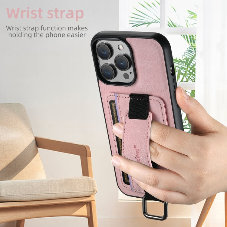 For iPhone 16 Pro Suteni H13 Litchi Leather Wrist Strap Wallet Back Phone Case(Pink)