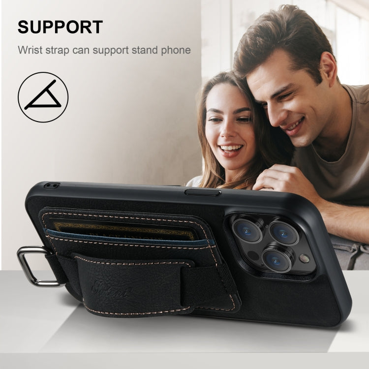 For iPhone 16 Suteni H13 Litchi Leather Wrist Strap Wallet Back Phone Case(Black)