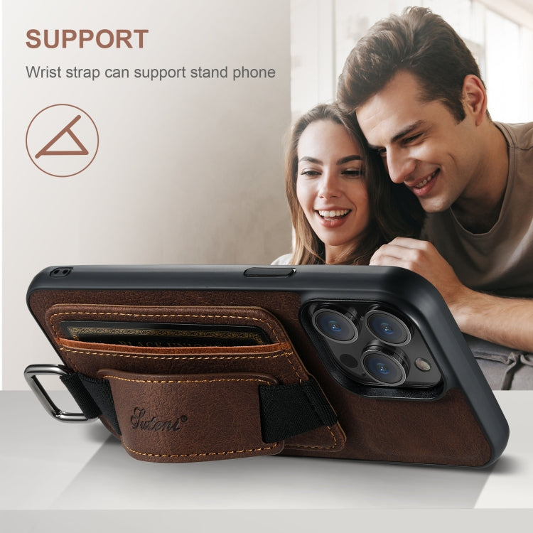 For iPhone 16 Suteni H13 Litchi Leather Wrist Strap Wallet Back Phone Case(Brown)