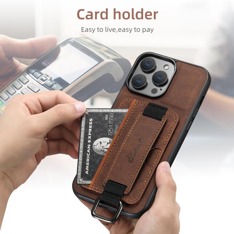 For iPhone 17e / 16e Suteni H13 Litchi Leather Wrist Strap Wallet Back Phone Case(Brown)
