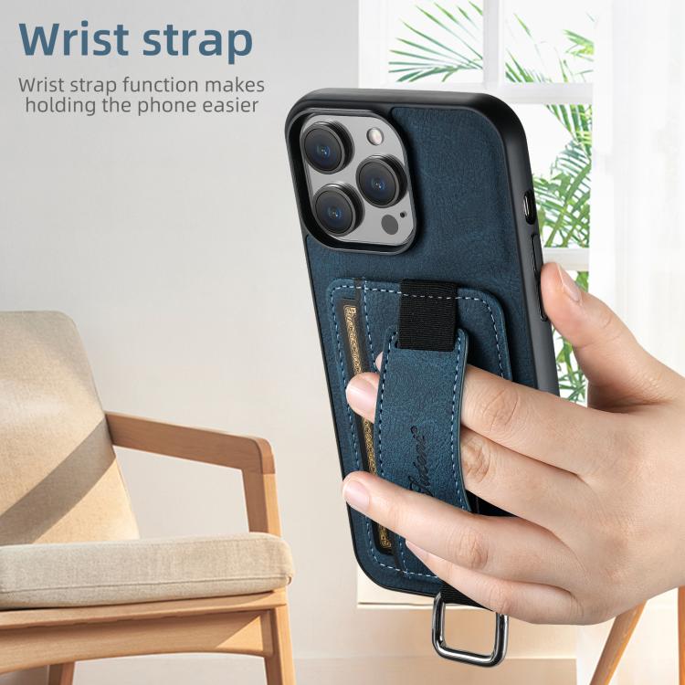 For iPhone 17e / 16e Suteni H13 Litchi Leather Wrist Strap Wallet Back Phone Case(Blue)