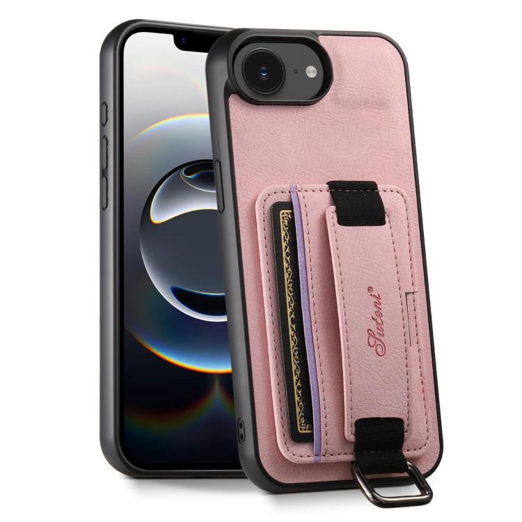 For iPhone 17e / 16e Suteni H13 Litchi Leather Wrist Strap Wallet Back Phone Case(Pink)