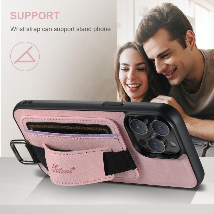 For iPhone 17e / 16e Suteni H13 Litchi Leather Wrist Strap Wallet Back Phone Case(Pink)