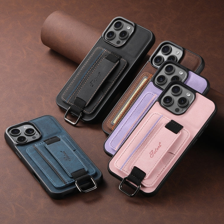 For iPhone 16 Plus Suteni H13 Litchi Leather Wrist Strap Wallet Back Phone Case(Blue)