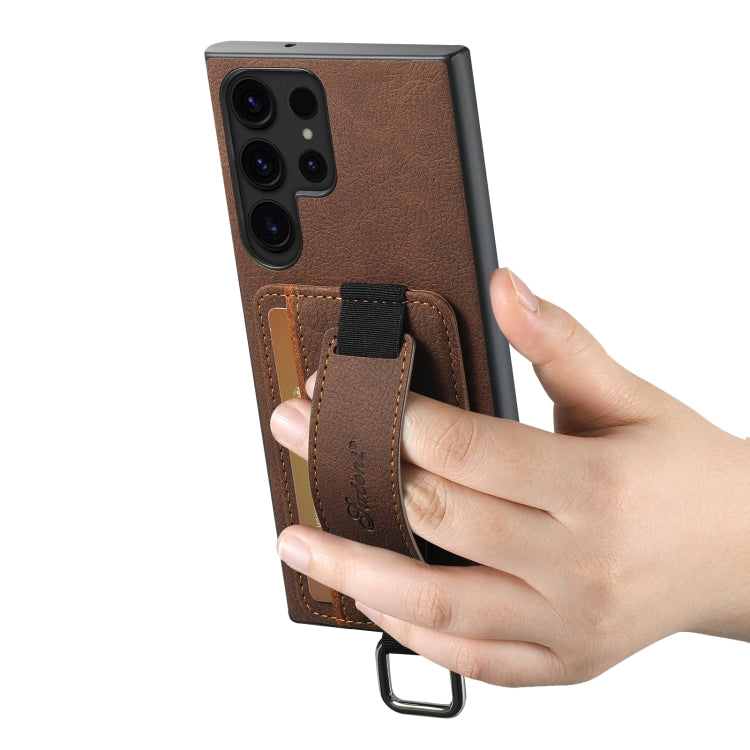 For Samsung Galaxy S22 Ultra 5G Suteni H13 Litchi Leather Wrist Strap Wallet Back Phone Case(Brown)