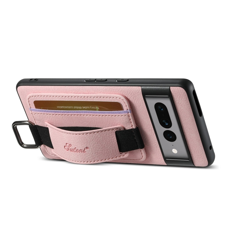 For Google Pixel 7a Suteni H13 Litchi Leather Wrist Strap Wallet Back Phone Case(Pink)