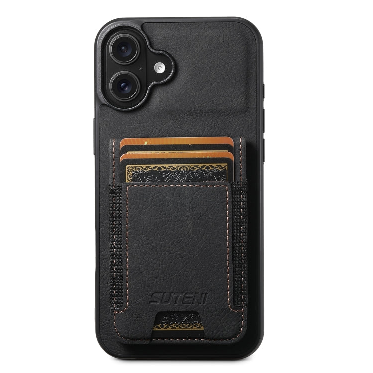 For iPhone 16 Suteni H03 Litchi Leather Card Bag Stand Back Phone Case(Black)
