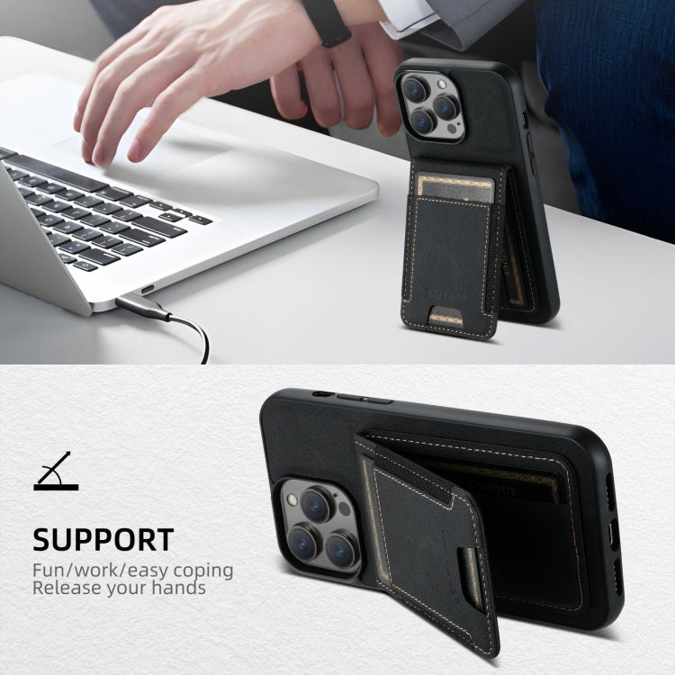 For iPhone 16 Suteni H03 Litchi Leather Card Bag Stand Back Phone Case(Black)