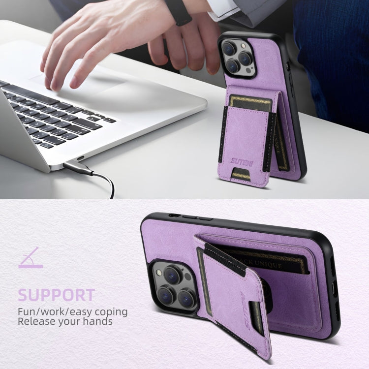 For iPhone 16 Pro Suteni H03 Litchi Leather Card Bag Stand Back Phone Case(Purple)