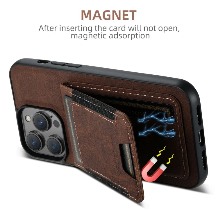 For iPhone 16 Pro Max Suteni H03 Litchi Leather Card Bag Stand Back Phone Case(Brown)