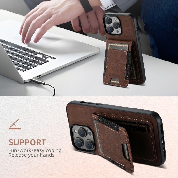 For iPhone 17e / 16e Suteni H03 Litchi Leather Card Bag Stand Back Phone Case(Brown)