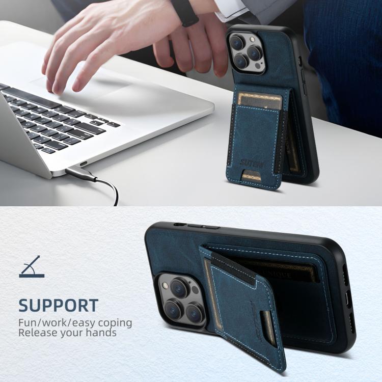 For iPhone 17e / 16e Suteni H03 Litchi Leather Card Bag Stand Back Phone Case(Blue)