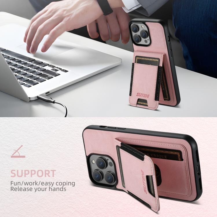 For iPhone 17e / 16e Suteni H03 Litchi Leather Card Bag Stand Back Phone Case(Pink)