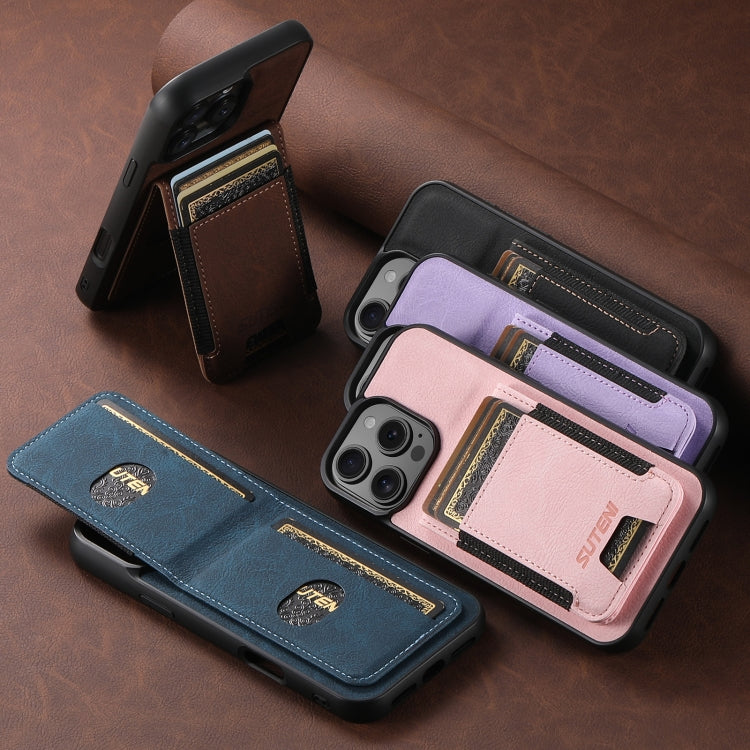For iPhone 16 Suteni H03 Litchi Leather Card Bag Stand Back Phone Case(Pink)
