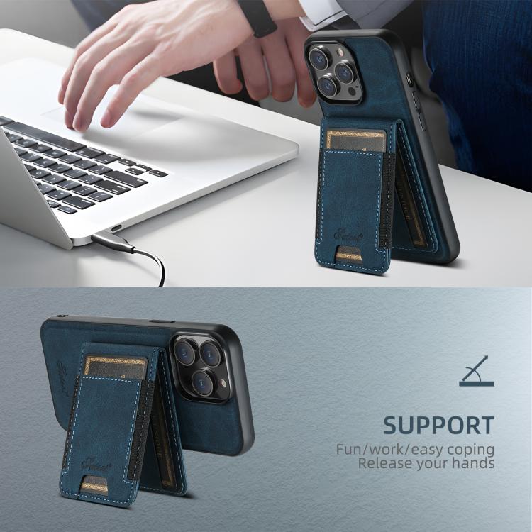 For iPhone 15 Suteni H17 Litchi Texture Leather MagSafe Detachable Wallet Phone Case(Blue)