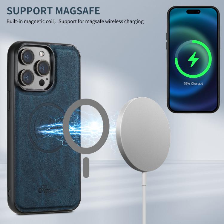 For iPhone 14 Plus Suteni H17 Litchi Texture Leather MagSafe Detachable Wallet Phone Case(Blue)