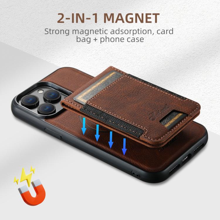 For iPhone 14 Suteni H17 Litchi Texture Leather MagSafe Detachable Wallet Phone Case(Brown)