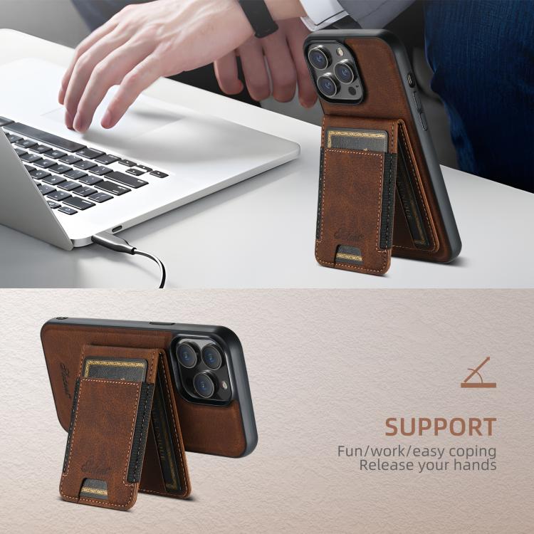 For iPhone 14 Suteni H17 Litchi Texture Leather MagSafe Detachable Wallet Phone Case(Brown)