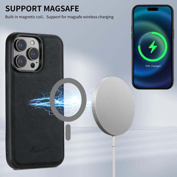 For iPhone 14 Pro Max Suteni H17 Litchi Texture Leather MagSafe Detachable Wallet Phone Case(Black)