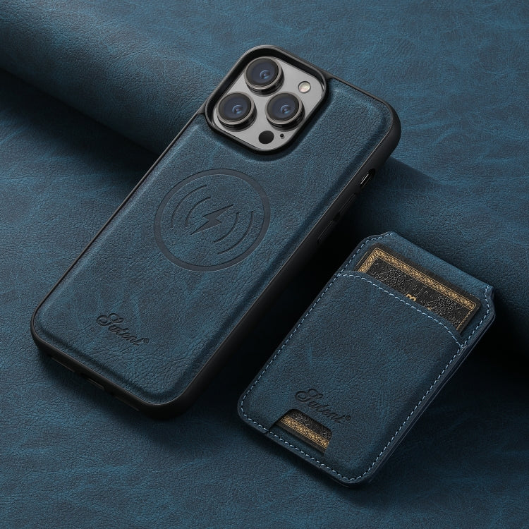 For iPhone 14 Pro Max Suteni H17 Litchi Texture Leather MagSafe Detachable Wallet Phone Case(Blue)