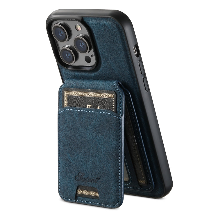 For iPhone 14 Pro Max Suteni H17 Litchi Texture Leather MagSafe Detachable Wallet Phone Case(Blue)