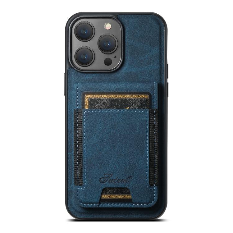 For iPhone 14 Pro Max Suteni H17 Litchi Texture Leather MagSafe Detachable Wallet Phone Case(Blue)
