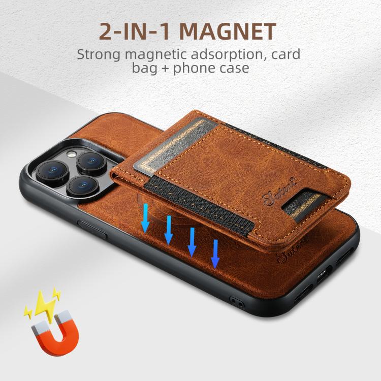 For iPhone 13 Pro Max Suteni H17 Litchi Texture Leather MagSafe Detachable Wallet Phone Case(Khaki)