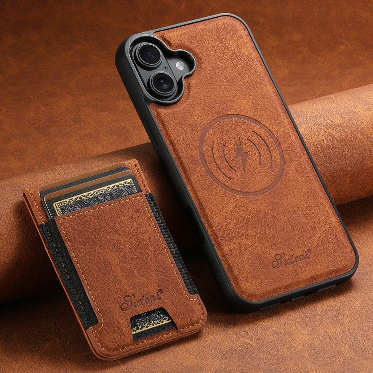 For iPhone 16 Suteni H17 Litchi Texture Leather MagSafe Detachable Wallet Phone Case(Khaki)