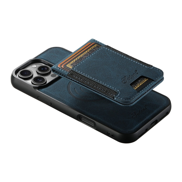 For iPhone 16 Pro Suteni H17 Litchi Texture Leather MagSafe Detachable Wallet Phone Case(Blue)