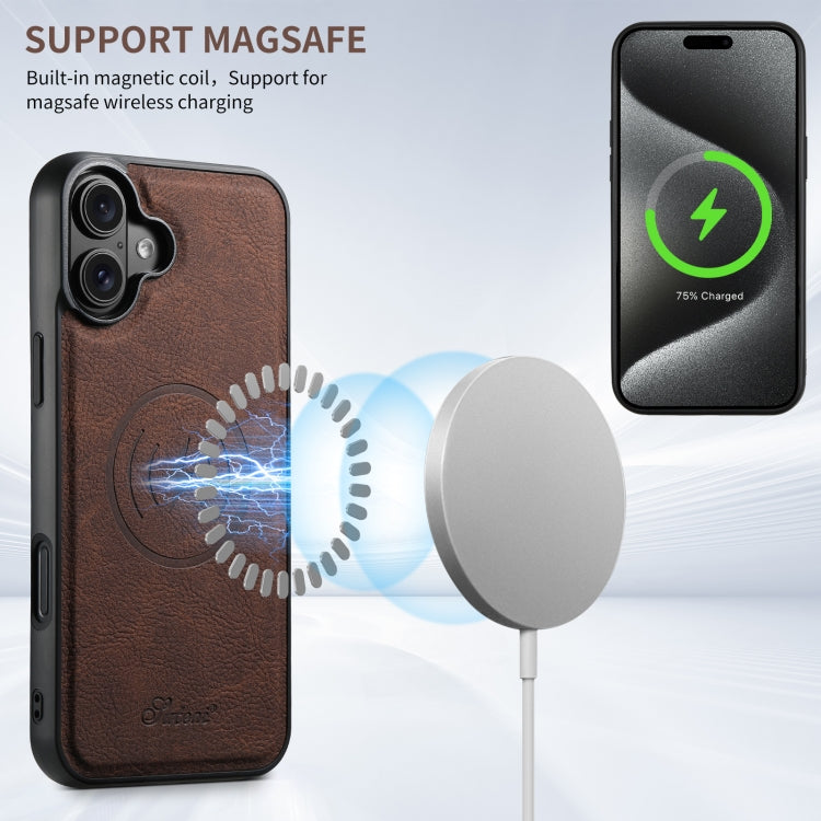 For iPhone 16 Plus Suteni H17 Litchi Texture Leather MagSafe Detachable Wallet Phone Case(Brown)