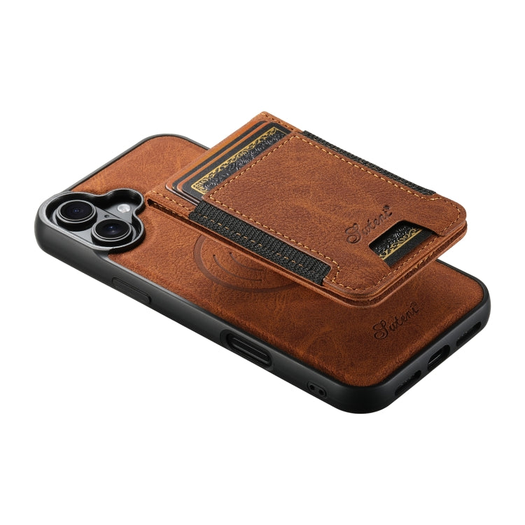 For iPhone 16 Plus Suteni H17 Litchi Texture Leather MagSafe Detachable Wallet Phone Case(Khaki)