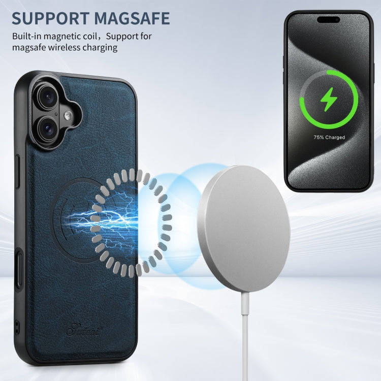 For iPhone 16 Plus Suteni H17 Litchi Texture Leather MagSafe Detachable Wallet Phone Case(Blue)