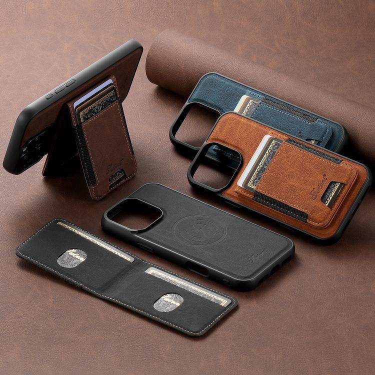For iPhone 15 Plus Suteni H17 Litchi Texture Leather MagSafe Detachable Wallet Phone Case(Khaki)