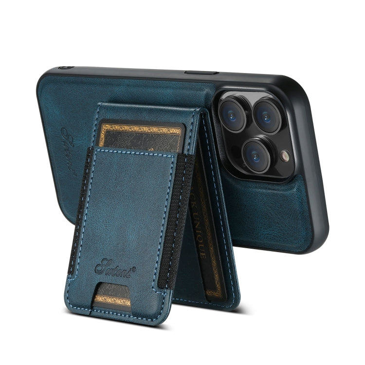 For iPhone 15 Pro Suteni H17 Oil Eax Leather MagSafe Detachable Wallet Phone Case(Blue)
