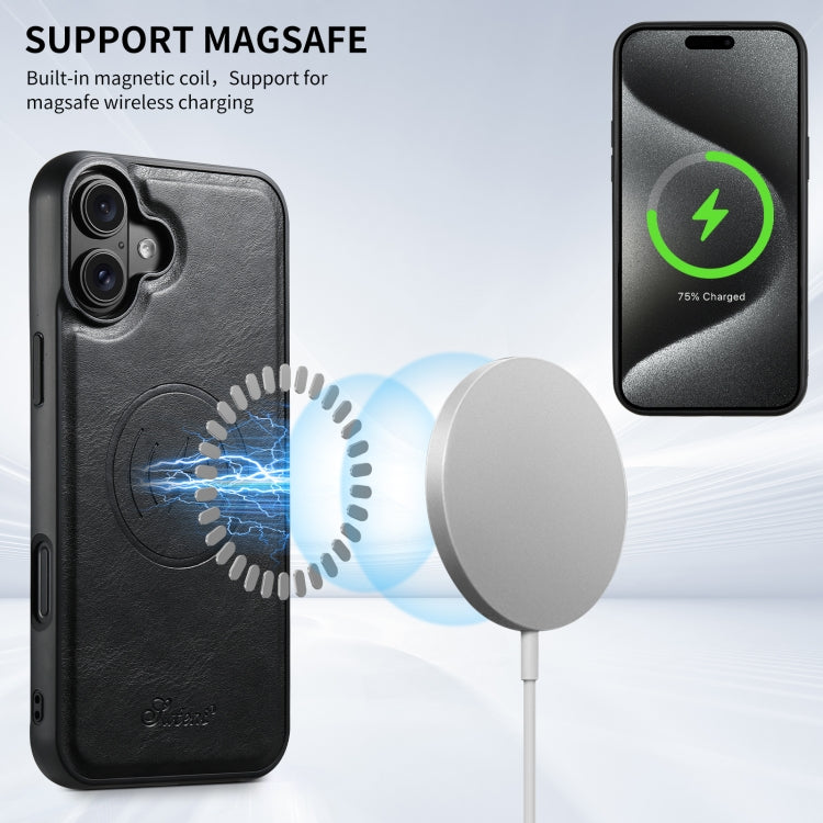 For iPhone 16 Suteni H17 Oil Eax Leather MagSafe Detachable Wallet Phone Case(Black)