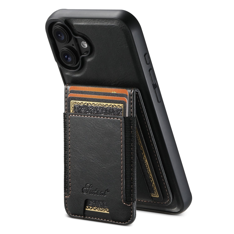 For iPhone 16 Suteni H17 Oil Eax Leather MagSafe Detachable Wallet Phone Case(Black)