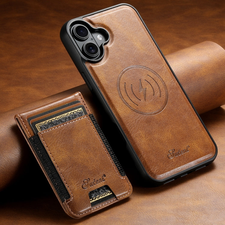 For iPhone 16 Suteni H17 Oil Eax Leather MagSafe Detachable Wallet Phone Case(Brown)