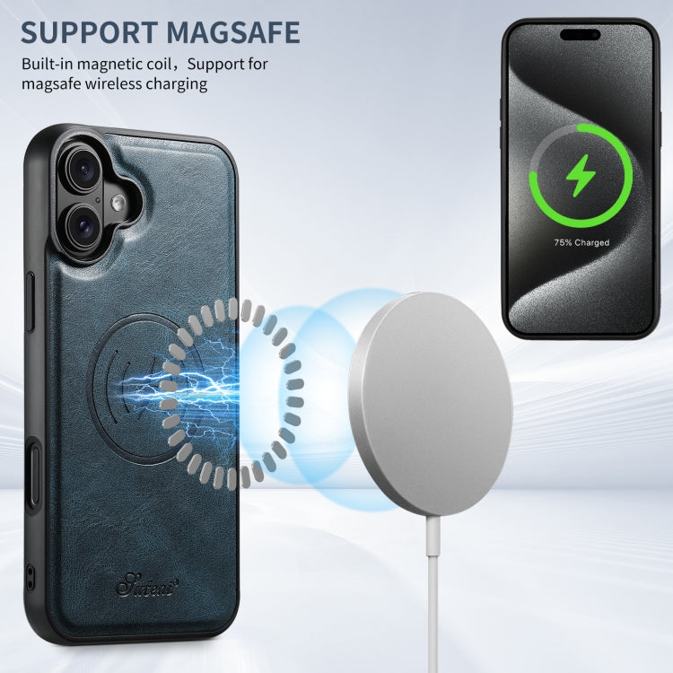 For iPhone 16 Suteni H17 Oil Eax Leather MagSafe Detachable Wallet Phone Case(Blue)