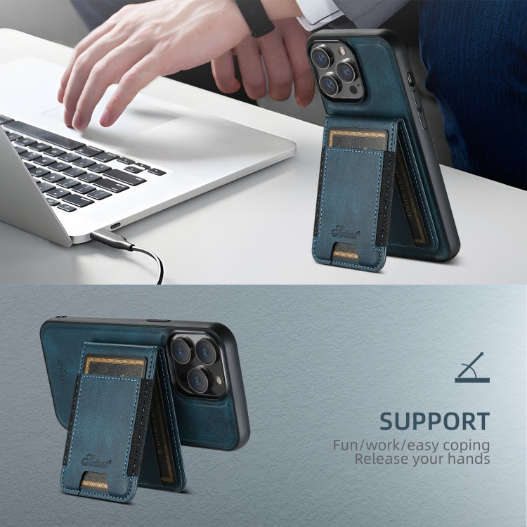 For iPhone 16 Suteni H17 Oil Eax Leather MagSafe Detachable Wallet Phone Case(Blue)